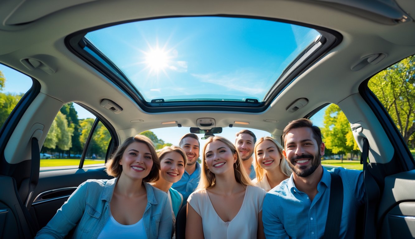 Mobil modern dengan sunroof terbuka di bawah langit cerah, orang-orang di dalam mobil menikmati udara segar dan cahaya matahari.