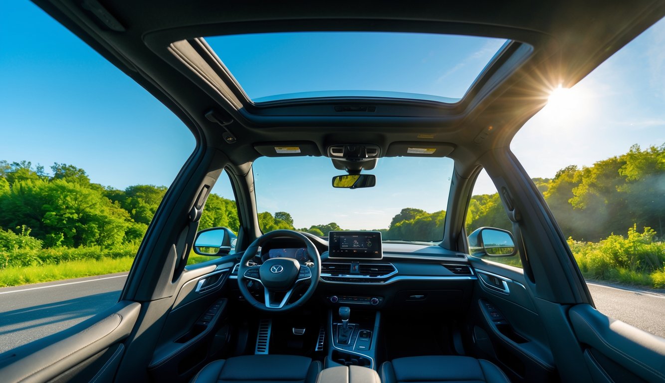 Mobil modern dengan sunroof terbuka di jalan yang dikelilingi pepohonan dan sinar matahari masuk ke dalam mobil.