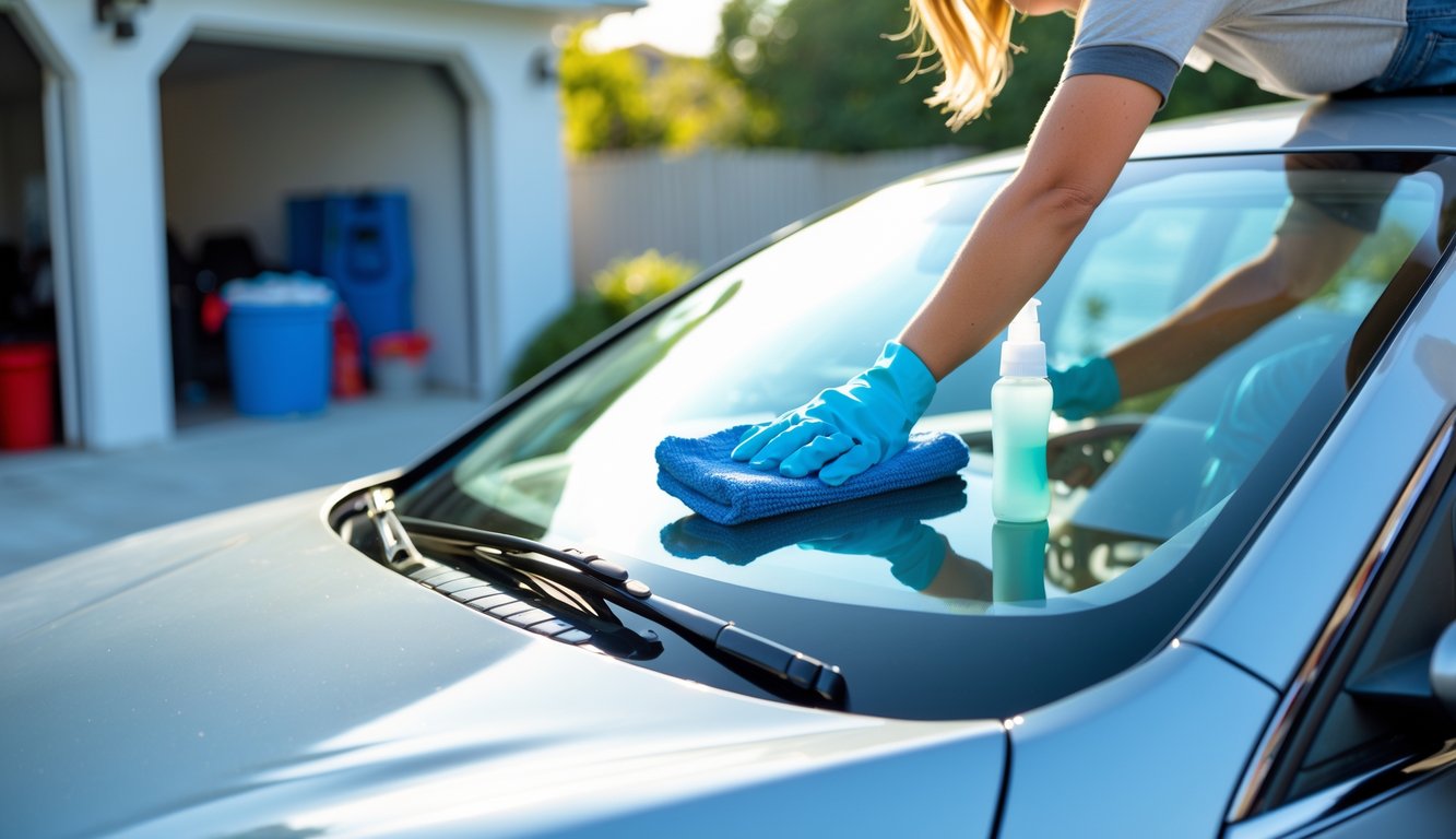 Seseorang membersihkan sunroof mobil dengan kain mikrofiber di halaman rumah.