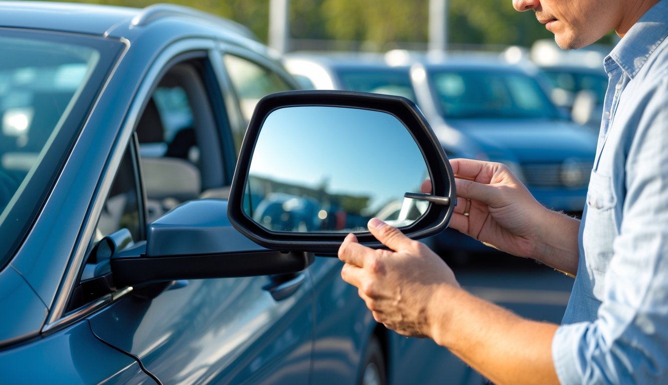Seseorang sedang memeriksa spion mobil di luar ruangan dengan beberapa mobil di latar belakang.