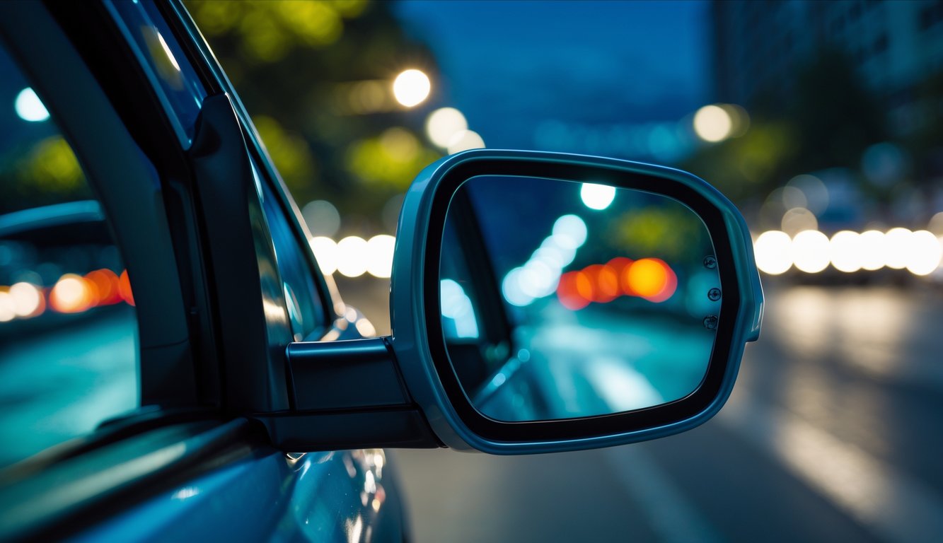 Cermin spion mobil modern di malam hari dengan pantulan jalan dan lampu kendaraan yang redup.