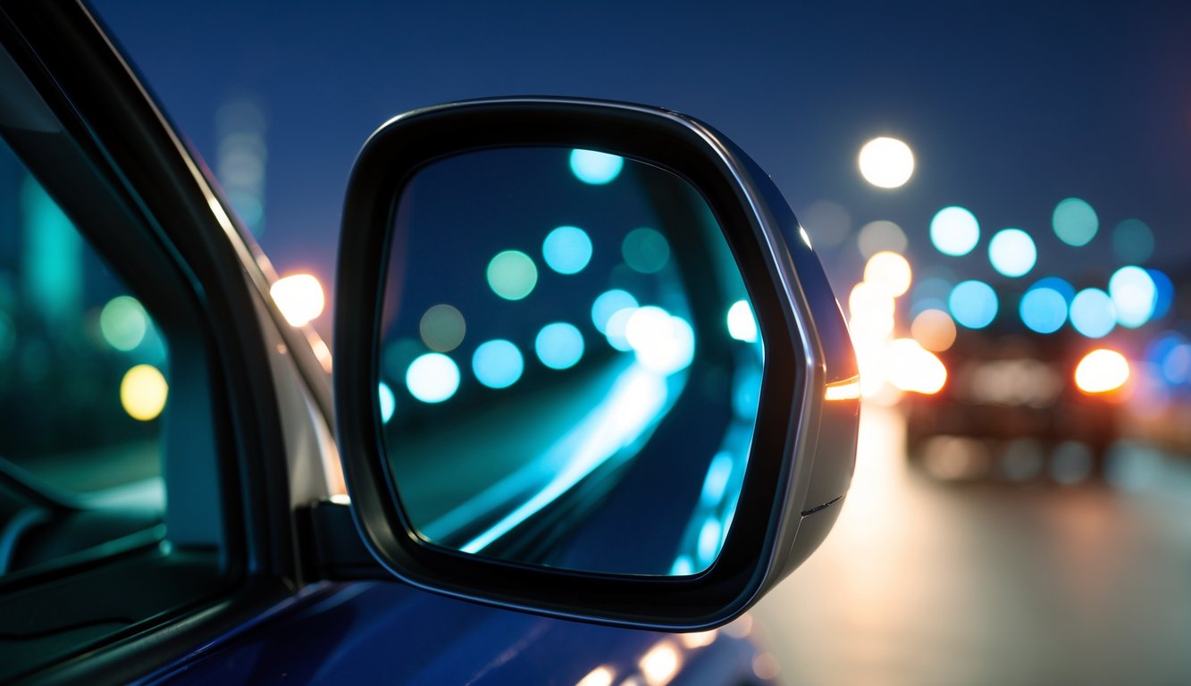 Foto close-up spion mobil modern di malam hari dengan pantulan jalan yang jelas dan latar belakang kota yang samar.