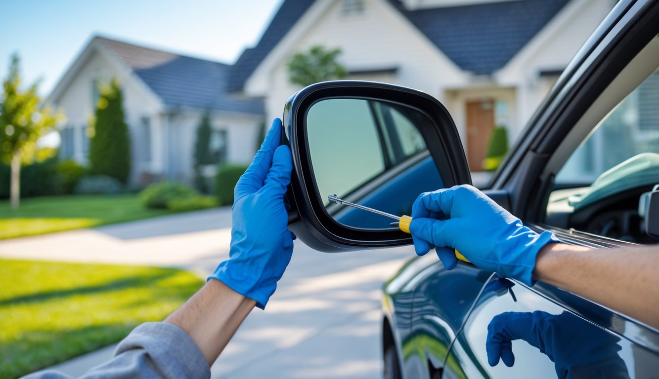 Seseorang sedang mengganti spion mobil di halaman rumah dengan alat sederhana.