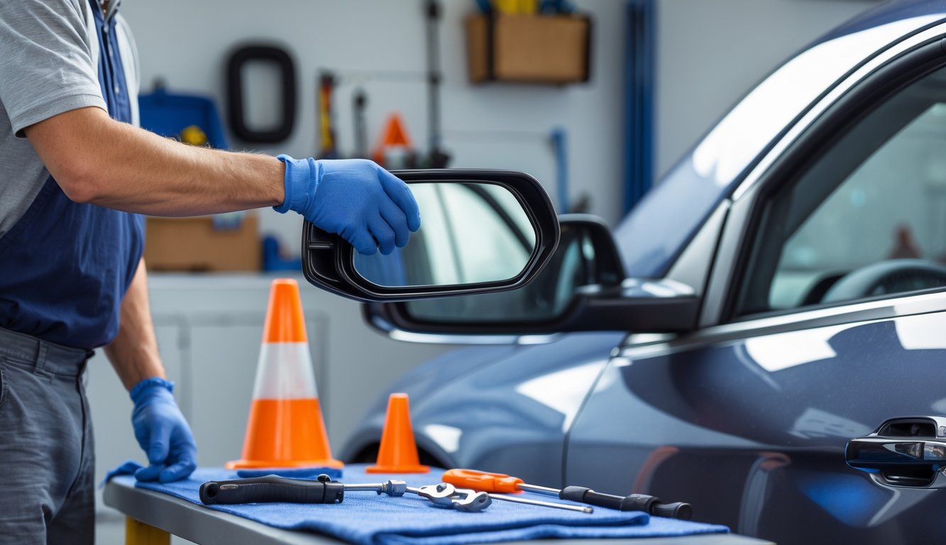 Seseorang sedang menyiapkan penggantian spion mobil di garasi dengan alat-alat dan perlengkapan yang rapi.