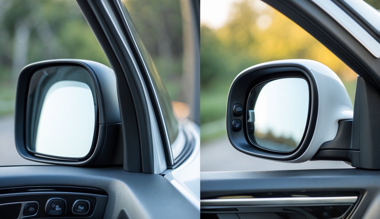Foto dua spion mobil, satu elektrik dengan tombol kontrol dan satu manual dengan kenop pengatur, di dalam kabin mobil.