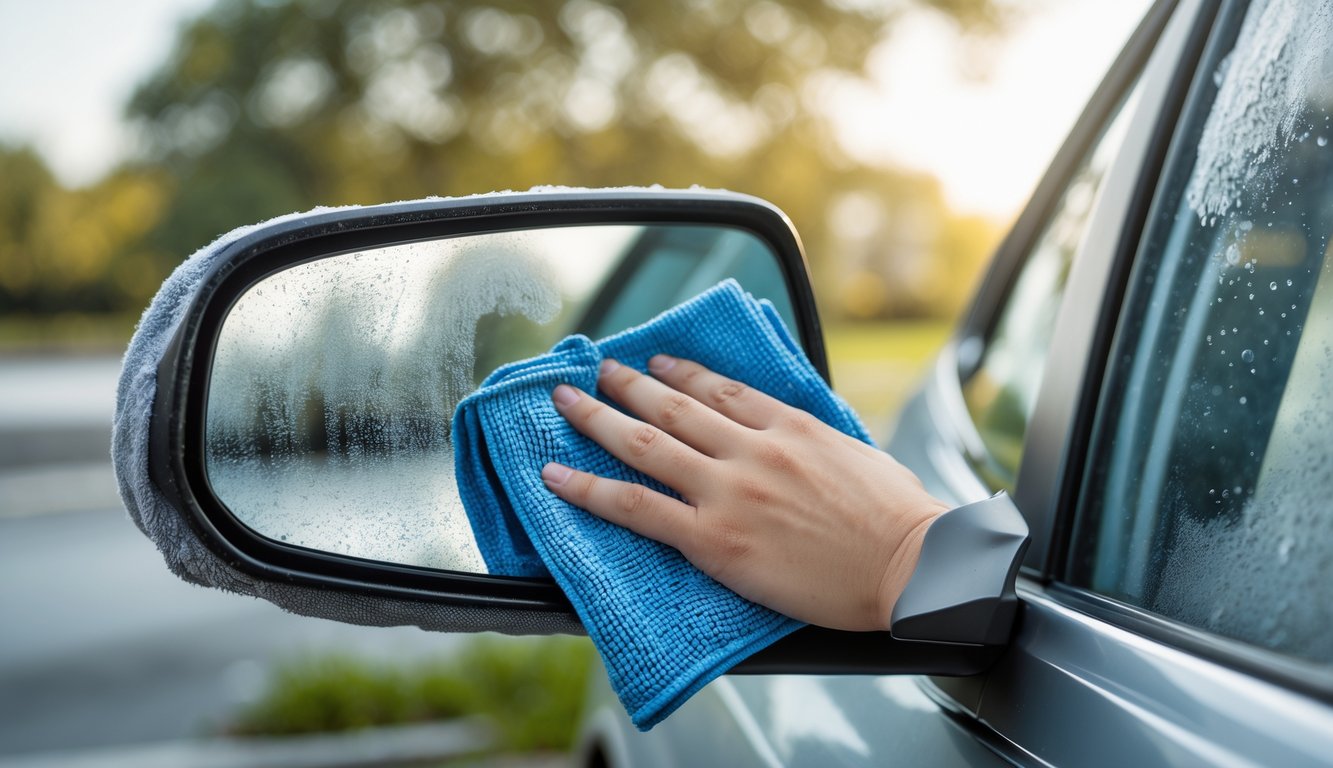 Tangan seseorang sedang membersihkan spion mobil yang buram menggunakan kain mikrofiber di luar ruangan.