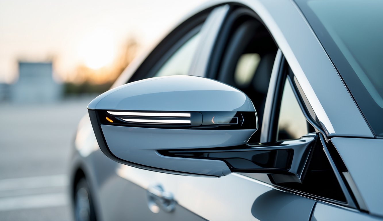 Foto close-up spion mobil terbaru tahun 2026 dengan desain modern dan lampu sein LED, terpasang pada pintu mobil di lingkungan perkotaan.