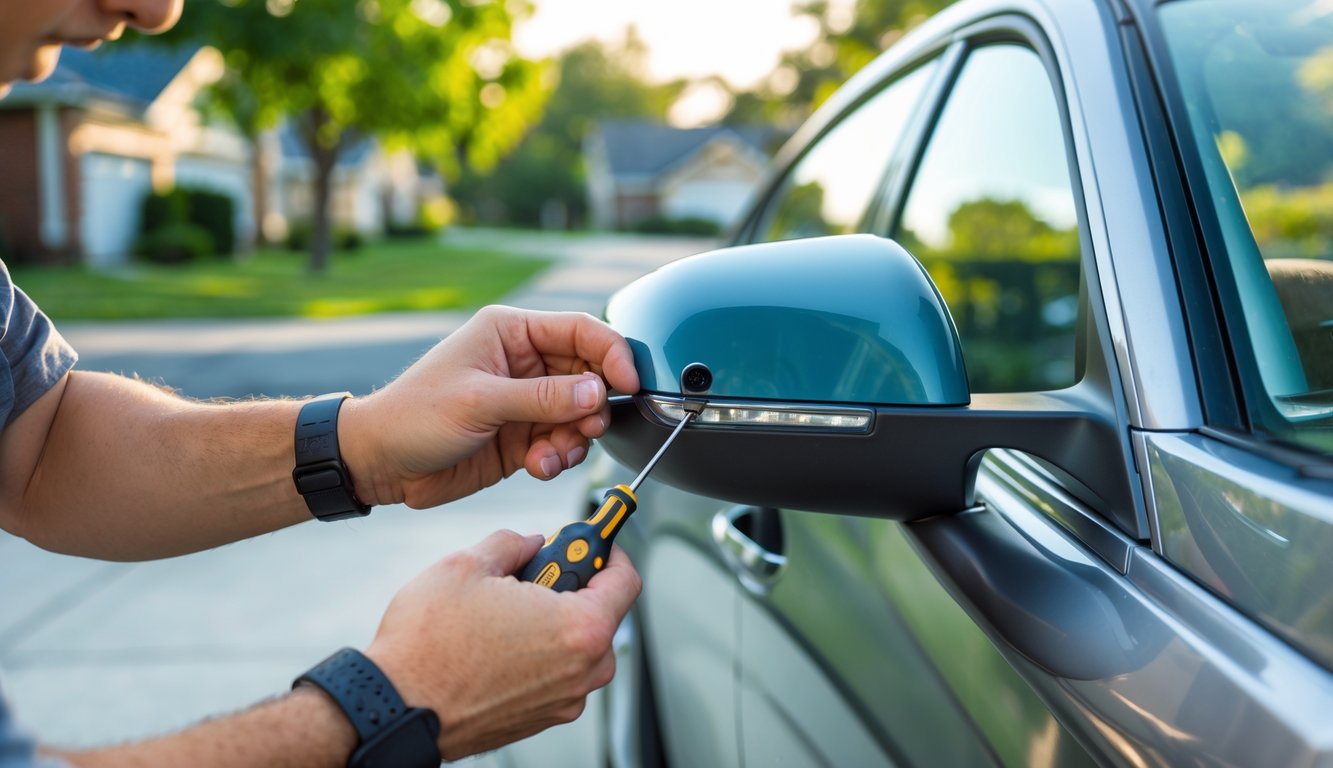 Seseorang sedang memperbaiki spion mobil yang longgar dengan obeng di halaman rumah.