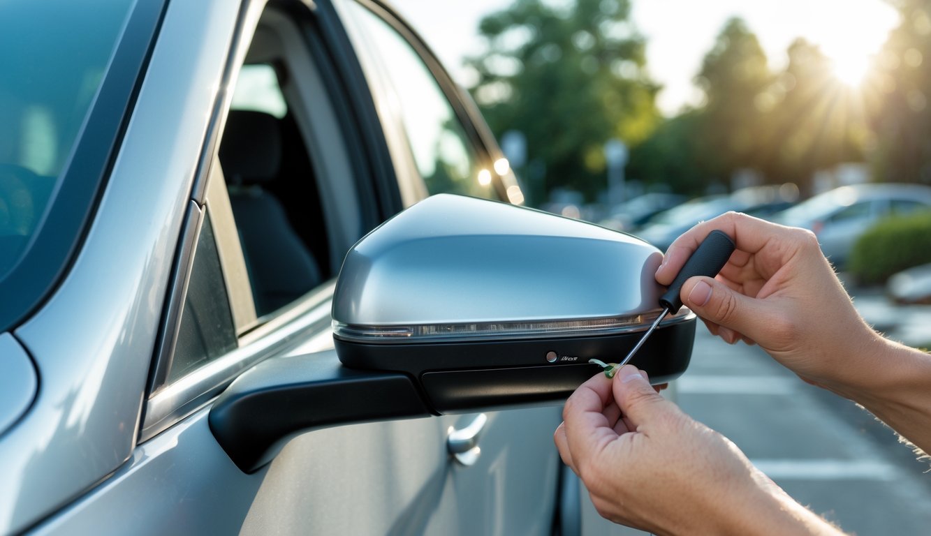 Tangan seseorang sedang memperbaiki spion mobil yang longgar dengan obeng di luar ruangan.