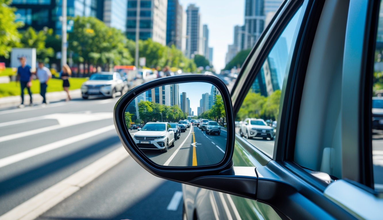 Cermin spion cembung mobil yang memantulkan pemandangan jalan kota dengan kendaraan dan pejalan kaki.