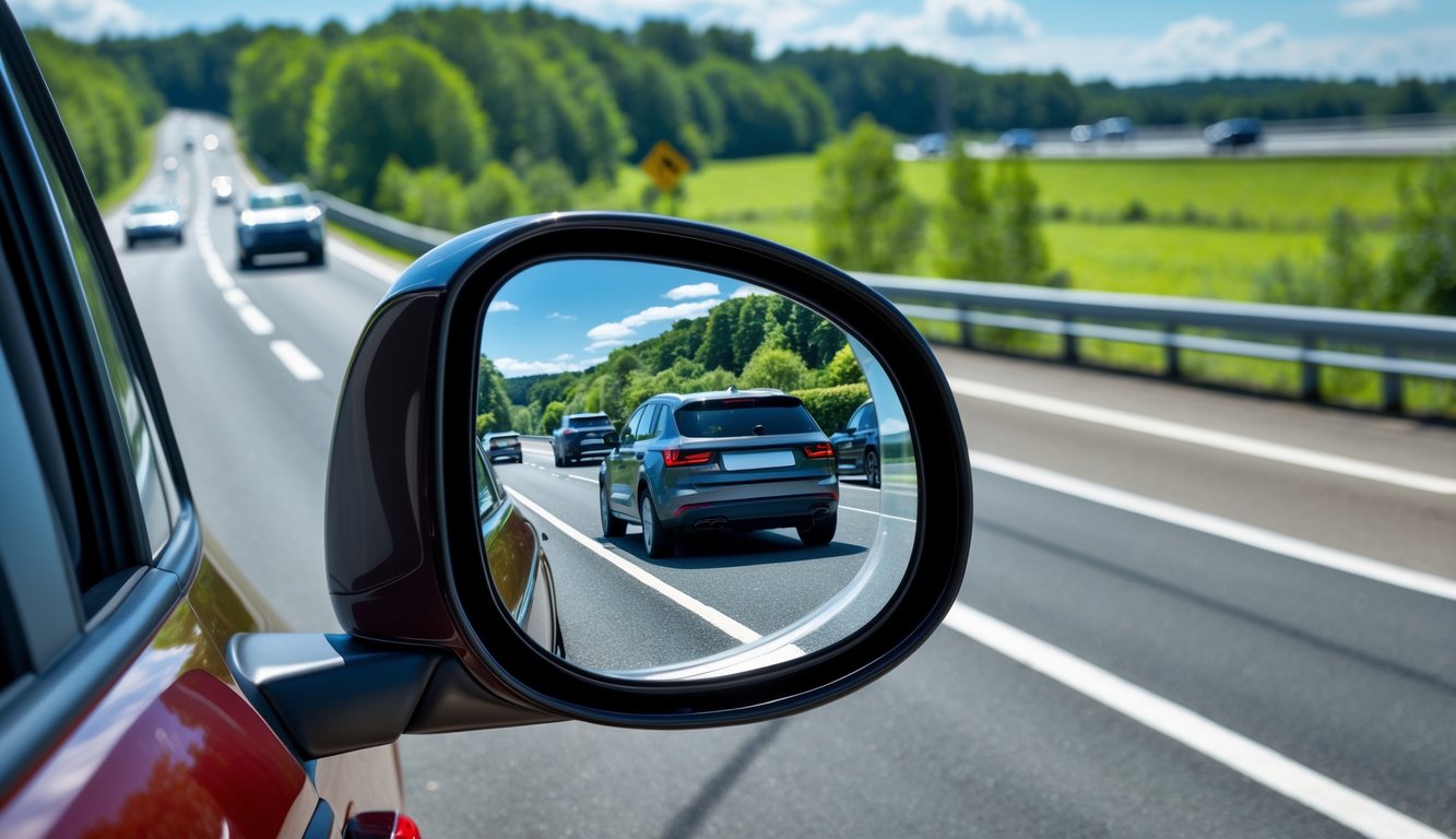 Foto close-up kaca spion cembung mobil yang menunjukkan pantulan jalan dan kendaraan di belakang untuk keamanan berkendara.