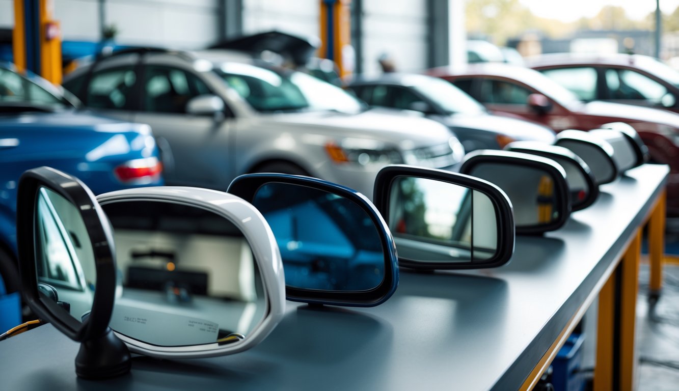 Beberapa spion mobil universal diletakkan di atas meja di bengkel mobil dengan berbagai tipe mobil di latar belakang.