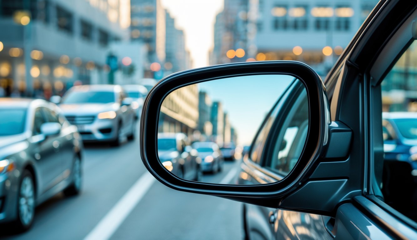 Gambar close-up spion mobil universal yang terpasang pada mobil modern dengan latar jalan kota dan beberapa mobil lain terlihat di belakangnya.