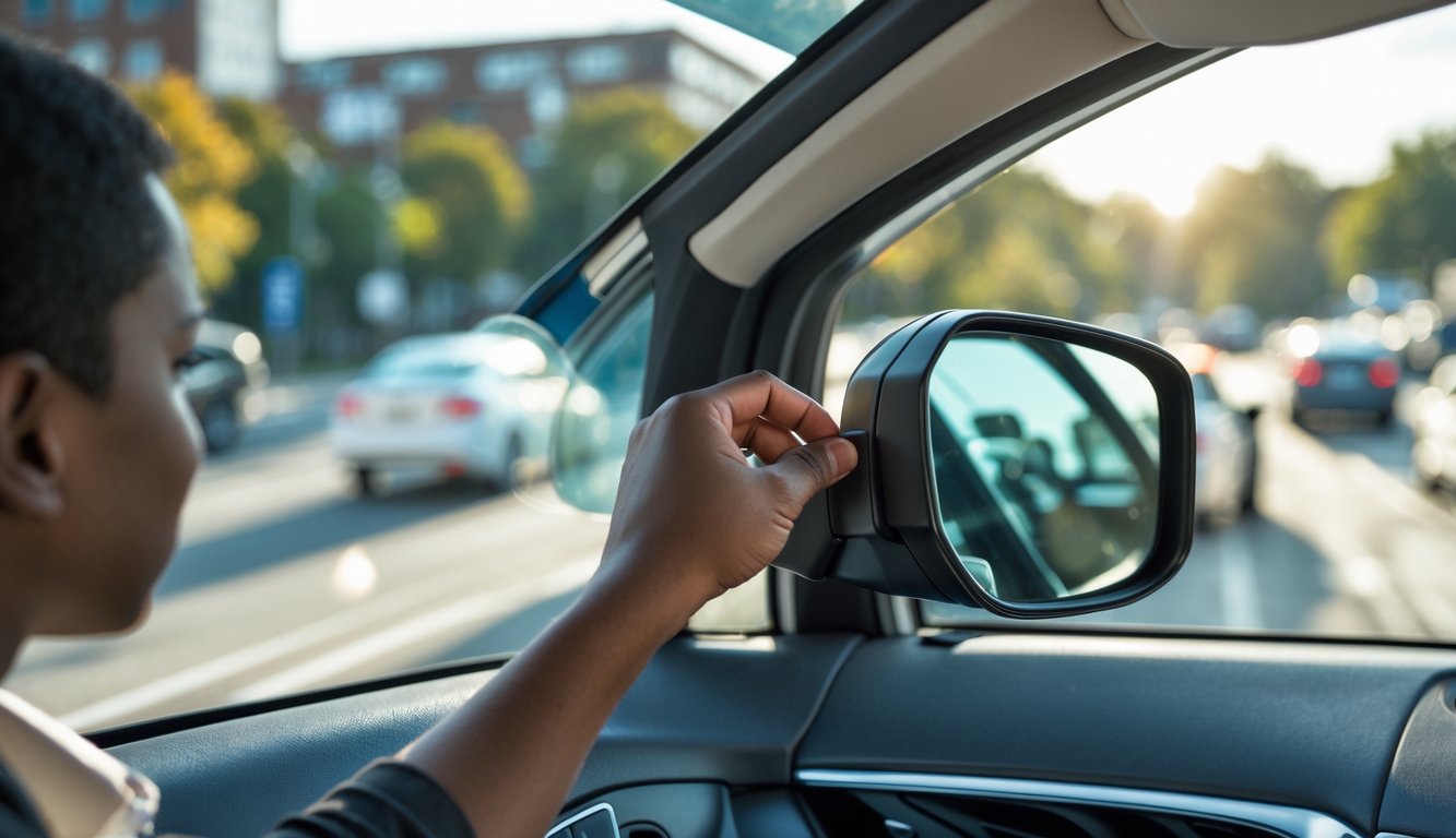 Seorang pengemudi sedang mengatur spion samping mobil untuk mengurangi blind spot saat berkendara.