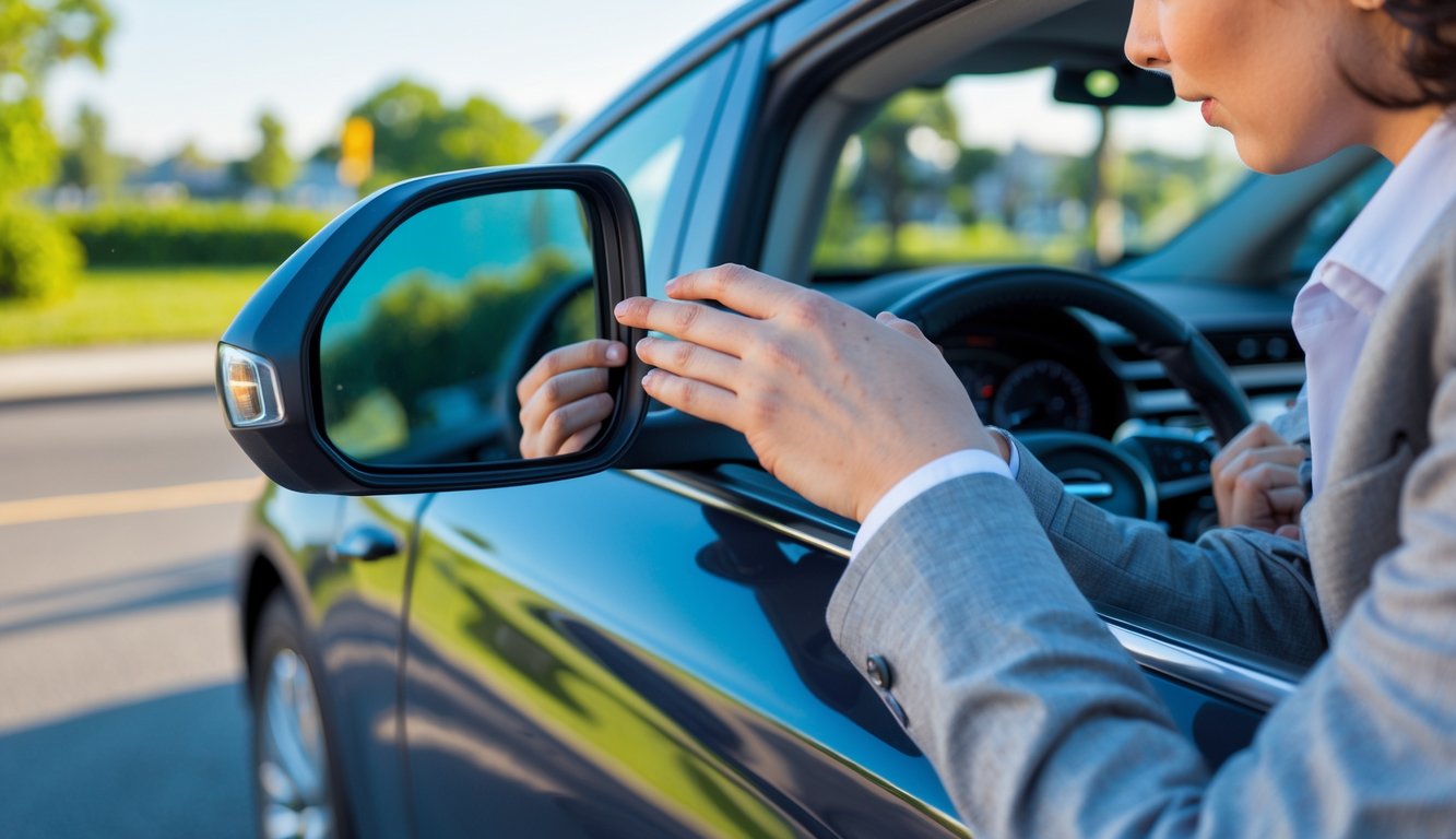 Seseorang sedang menyesuaikan spion mobil di luar ruangan pada siang hari.