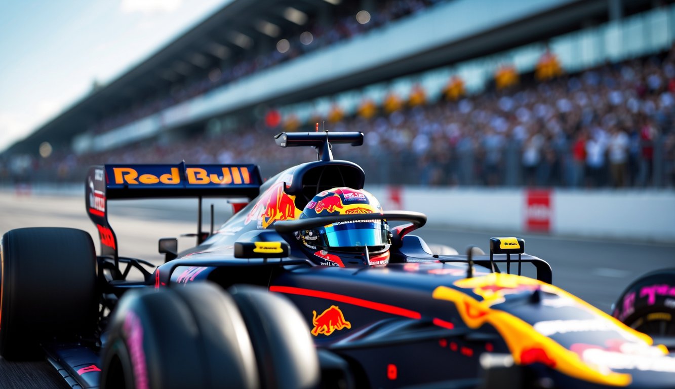 Max Verstappen mengendarai mobil Formula 1 di lintasan balap dengan penonton di latar belakang.