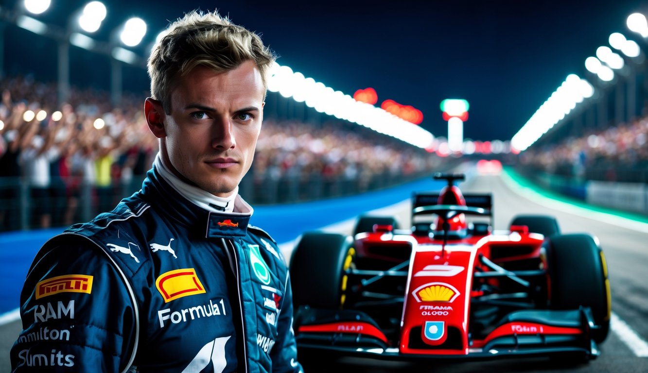 Lewis Hamilton muda berdiri di samping mobil Formula 1 di lintasan balap dengan penonton di latar belakang.