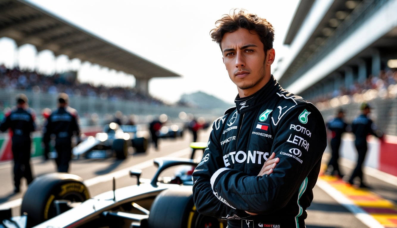 Seorang pembalap muda berdiri di samping mobil Formula 1 di lintasan balap dengan ekspresi percaya diri.