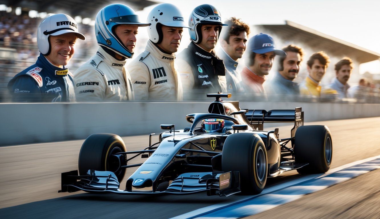 Beberapa pembalap Formula 1 legendaris dengan mobil balap di lintasan dan penonton di tribun.