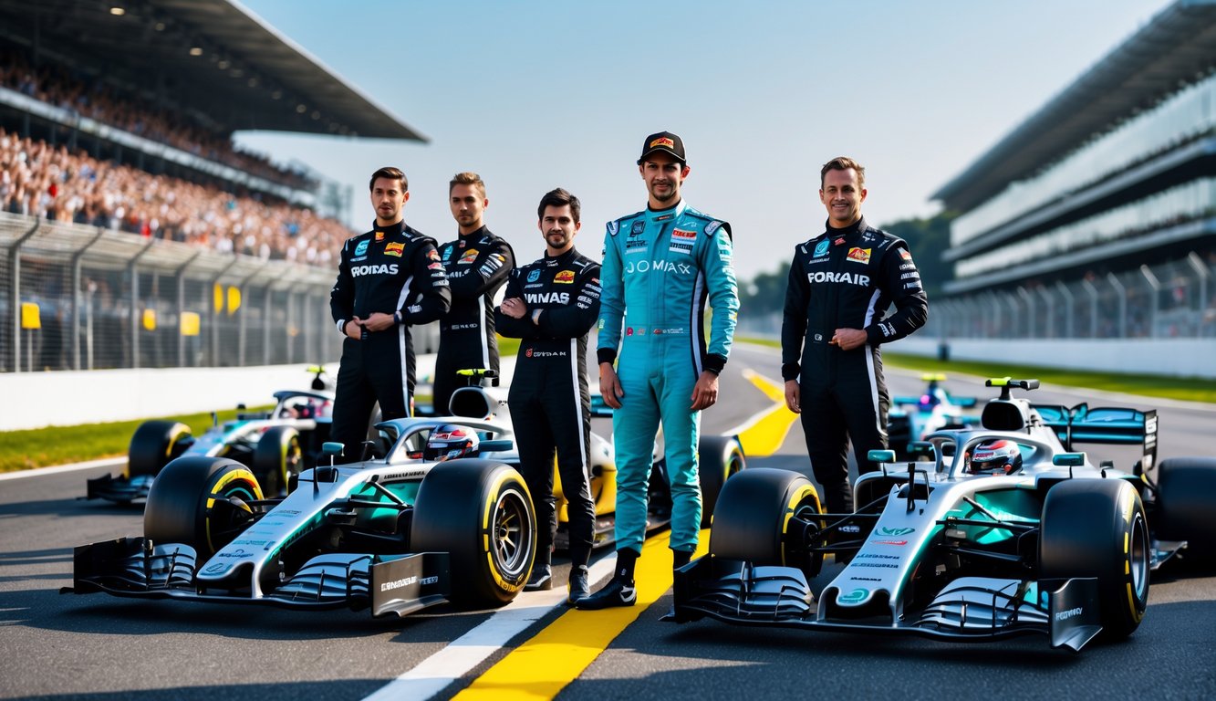 Sekelompok pembalap Formula 1 berdiri di samping mobil balap mereka di lintasan dengan penonton di tribun di latar belakang.