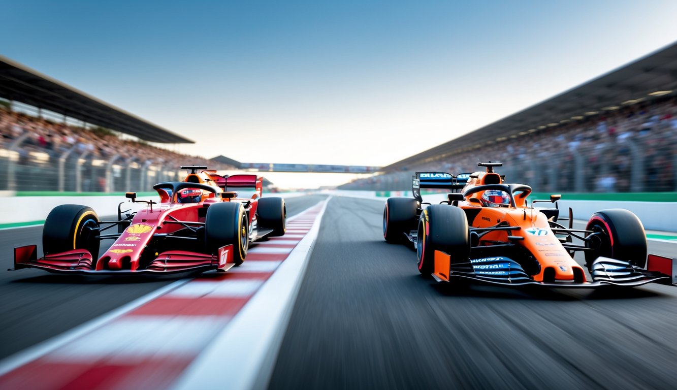 Dua mobil Formula 1 berwarna merah dan oranye balapan berdampingan di lintasan dengan penonton di latar belakang.