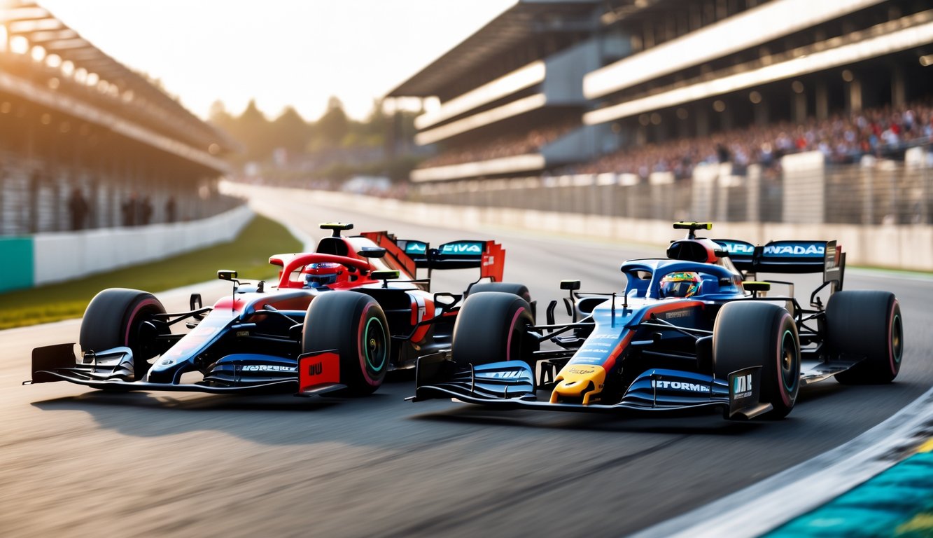 Dua mobil balap Formula 1 yang sedang melaju di tikungan sirkuit dengan latar belakang tribun penonton.
