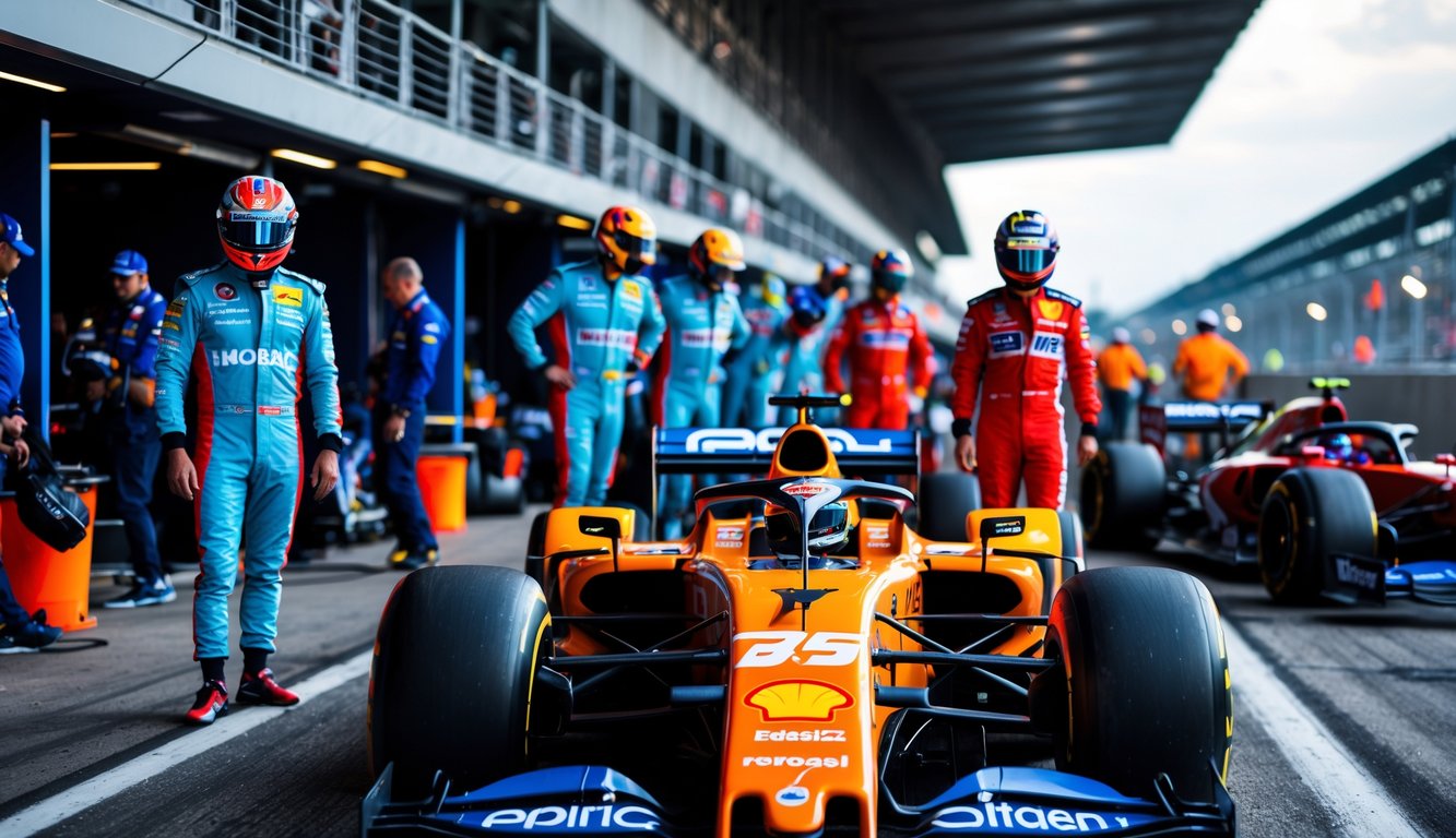 Sejumlah pembalap F1 berdiri di samping mobil balap mereka di pit lane sirkuit balap, dengan kru tim dan perlengkapan balap di latar belakang.