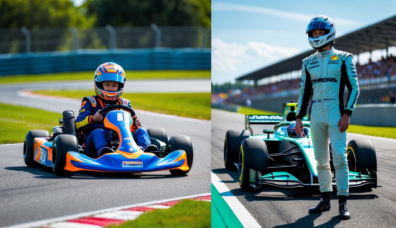 Seorang pembalap muda mengendarai kart di lintasan kecil di sebelah kiri, dan versi dewasa pembalap yang sama berdiri di samping mobil Formula 1 di lintasan balap profesional di sebelah kanan.