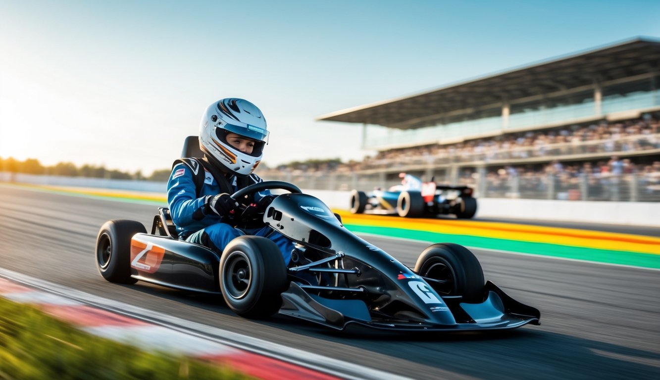 Seorang pembalap muda sedang mengendarai kart di lintasan, dengan mobil Formula 1 yang melaju di latar belakang di sirkuit balap.