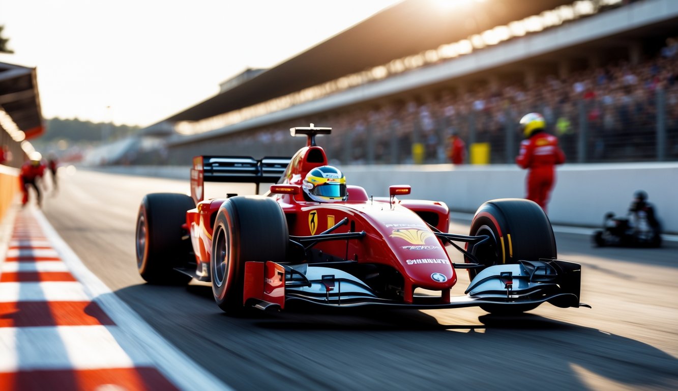 Mobil balap Formula 1 merah melaju kencang di lintasan dengan latar penonton dan kru pit.