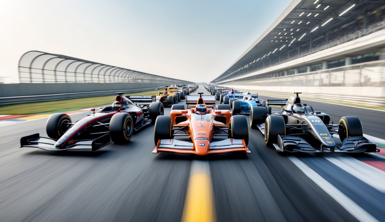 Beberapa mobil balap F1 dari berbagai era yang tersusun berurutan, menunjukkan perubahan desain dari mobil klasik hingga modern di lintasan balap.