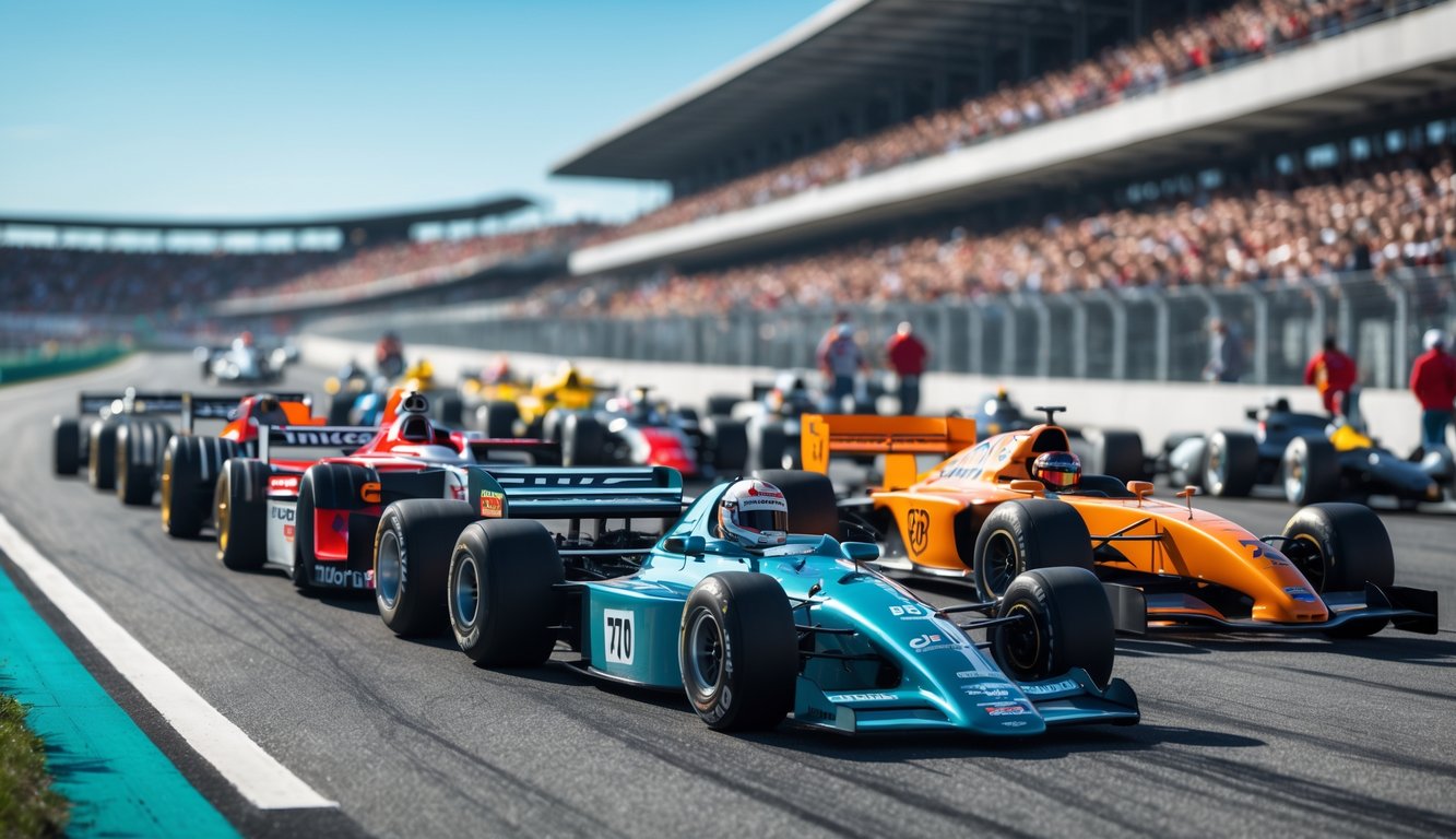 Beberapa mobil balap Formula 1 dari berbagai era yang tersusun berurutan di lintasan balap dengan penonton di latar belakang.