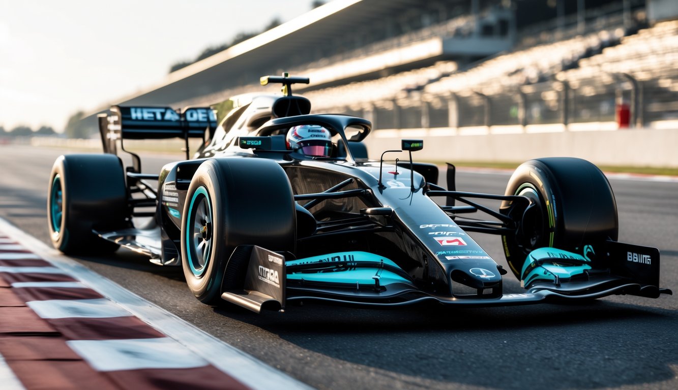 Mobil balap Formula One dengan detail teknologi canggih terlihat di lintasan balap.
