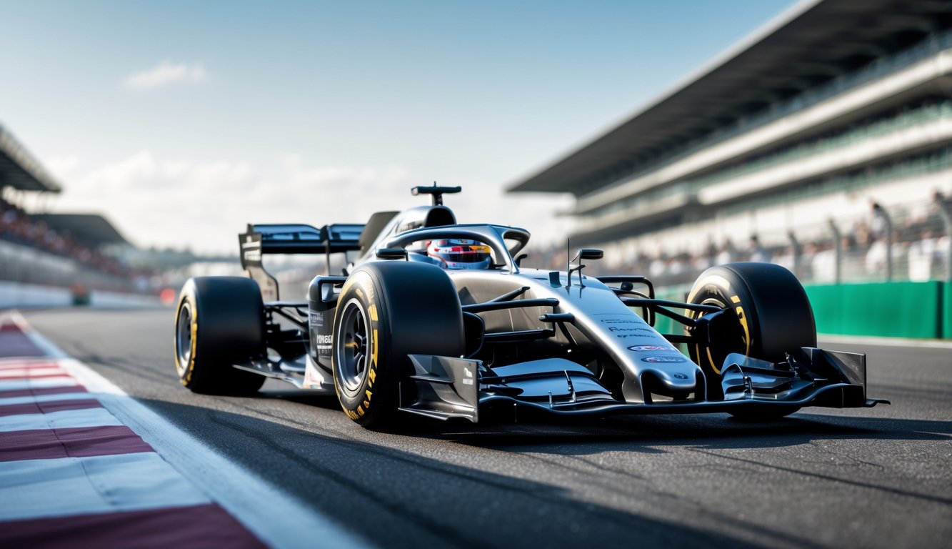 Mobil balap Formula One di lintasan dengan garis aliran udara yang menonjolkan prinsip aerodinamika.