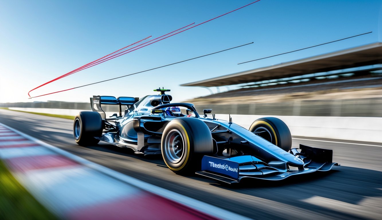 Mobil balap Formula 1 sedang melaju di lintasan balap dengan desain aerodinamis yang terlihat jelas.