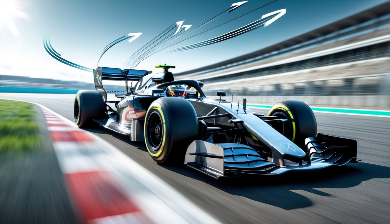 Mobil balap Formula 1 di lintasan dengan garis aliran udara yang menunjukkan prinsip aerodinamika.
