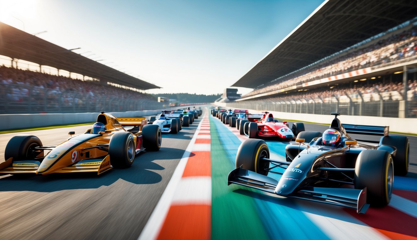 Deretan mobil balap Formula 1 tercepat sepanjang sejarah di lintasan balap dengan latar penonton dan langit cerah.