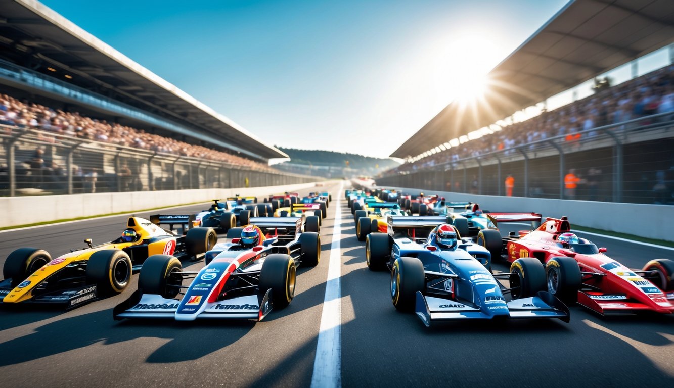 Beberapa mobil balap Formula 1 ikonis dari berbagai era berjajar di lintasan balap dengan latar belakang tribun penonton dan langit cerah.