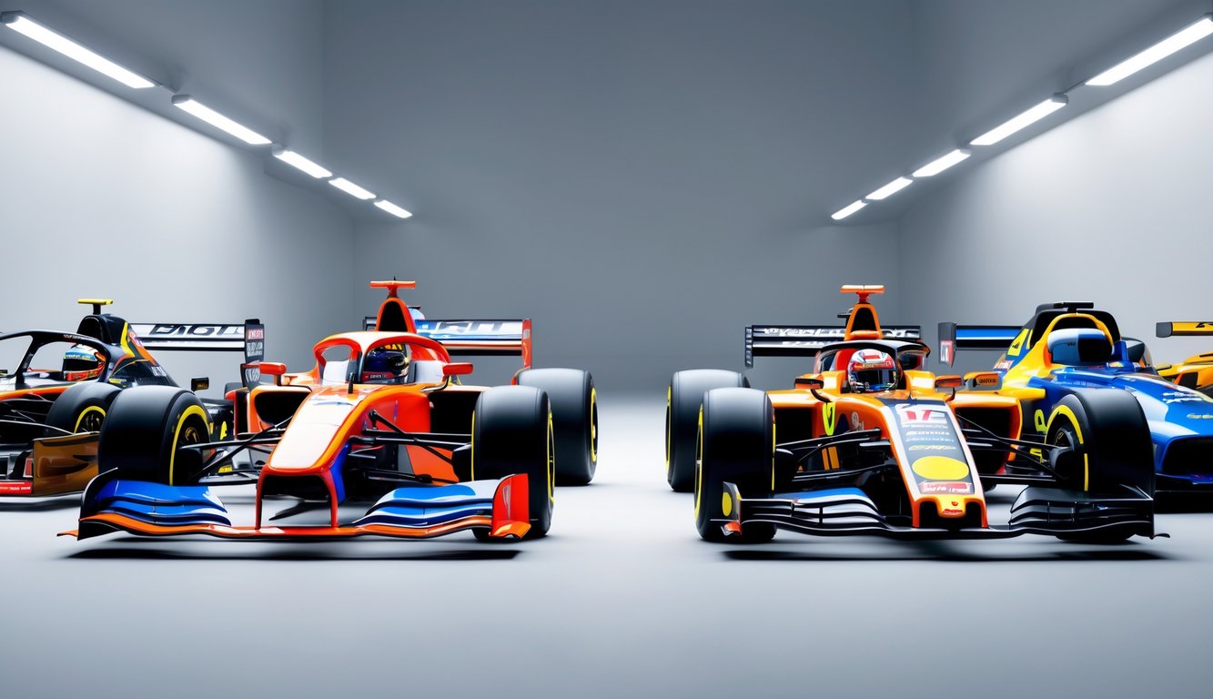 Foto yang menunjukkan perbandingan antara mobil balap Formula 1 dan mobil balap lainnya dengan latar belakang studio bersih.