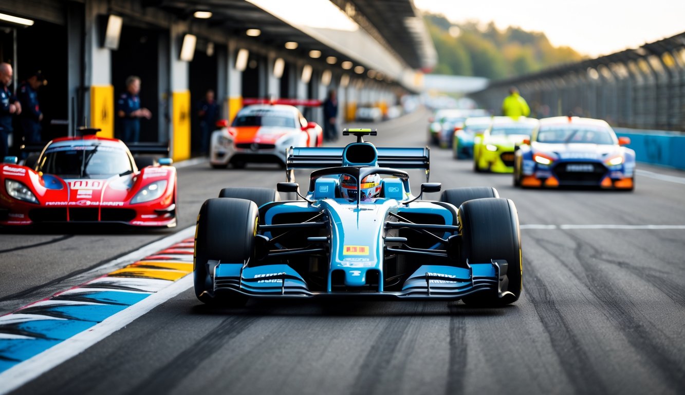 Beberapa mobil balap berbeda, termasuk mobil Formula 1, berada di lintasan balap dengan latar belakang pit stop dan teknisi.