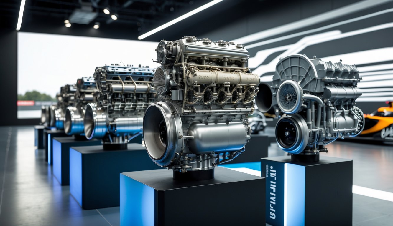 Beberapa mesin mobil balap Formula One dari berbagai era yang dipajang berdampingan dalam ruang pamer dengan pencahayaan terang.