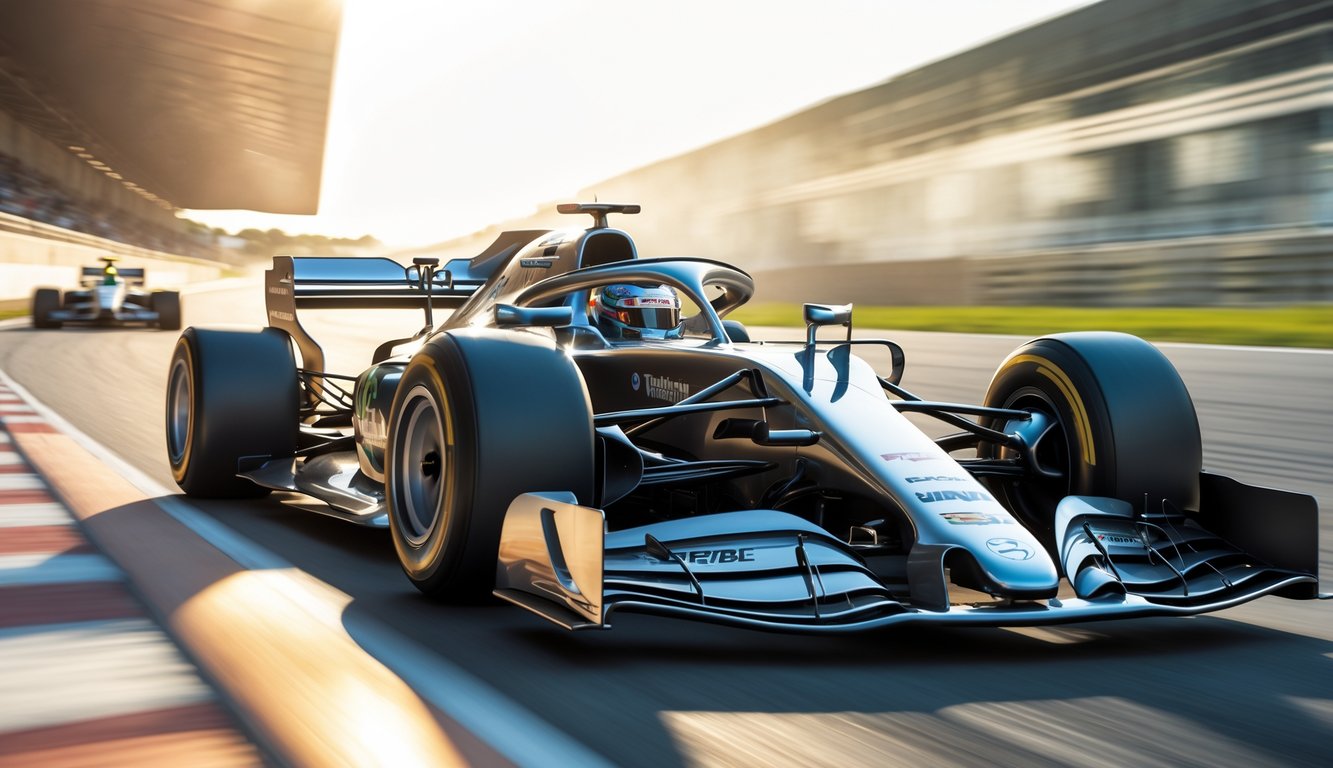 Mobil balap Formula 1 modern berdesain aerodinamis sedang melaju cepat di lintasan balap dengan latar belakang beberapa mobil F1 generasi sebelumnya yang terlihat samar.