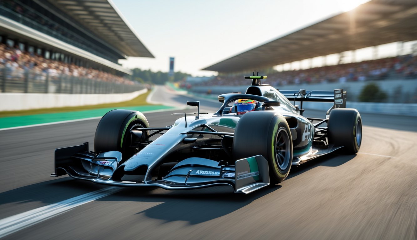 Mobil balap Formula 1 modern berdesain aerodinamis melaju cepat di lintasan balap dengan latar belakang tribun penonton.