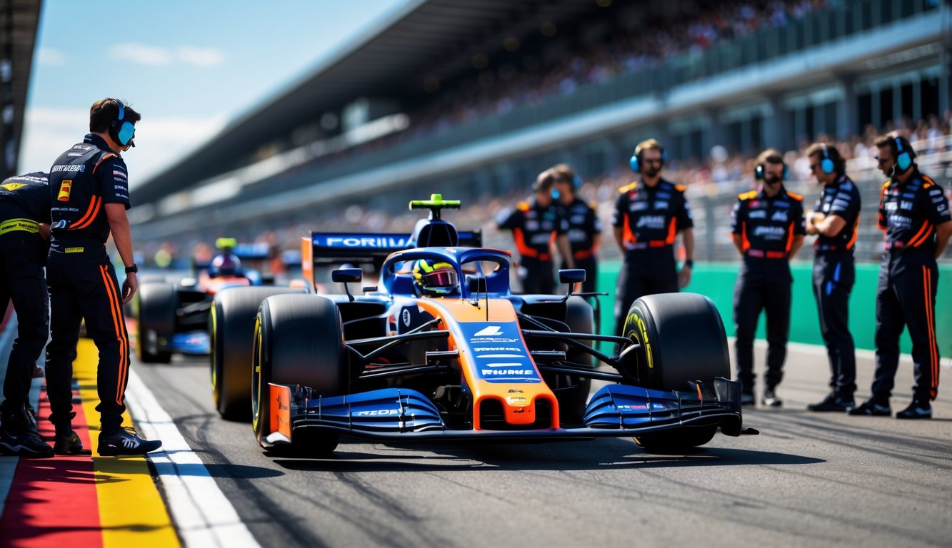 Tim Formula One terbaik sedang mempersiapkan mobil balap mereka di pit lane dengan latar belakang tribun penonton dan langit cerah.