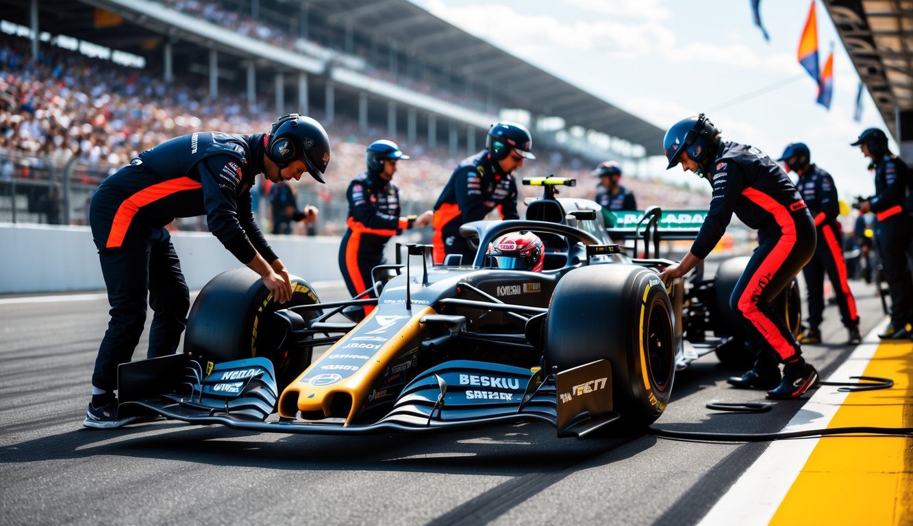 Tim balap Formula One sedang mempersiapkan mobil balap di pit lane dengan latar belakang tribun penonton.