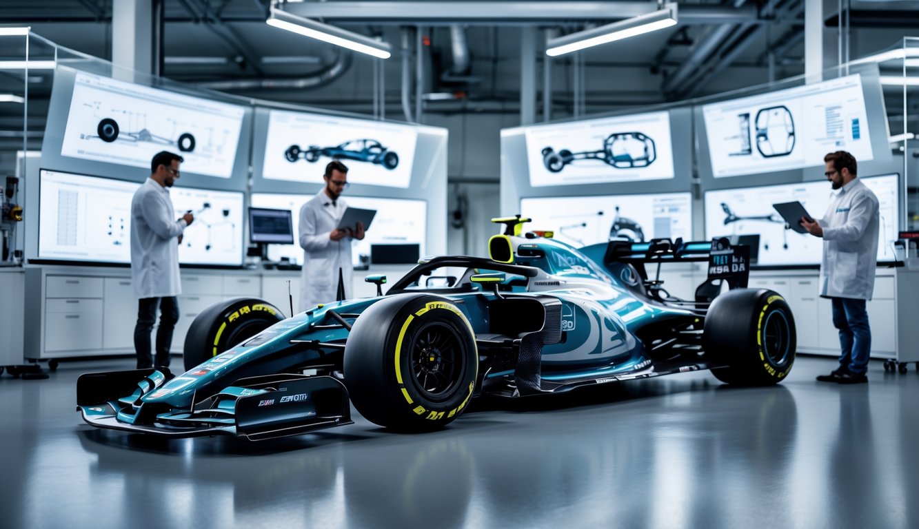 Rangka mobil balap F1 di laboratorium teknik dengan insinyur yang sedang menganalisis desain dan data teknis.