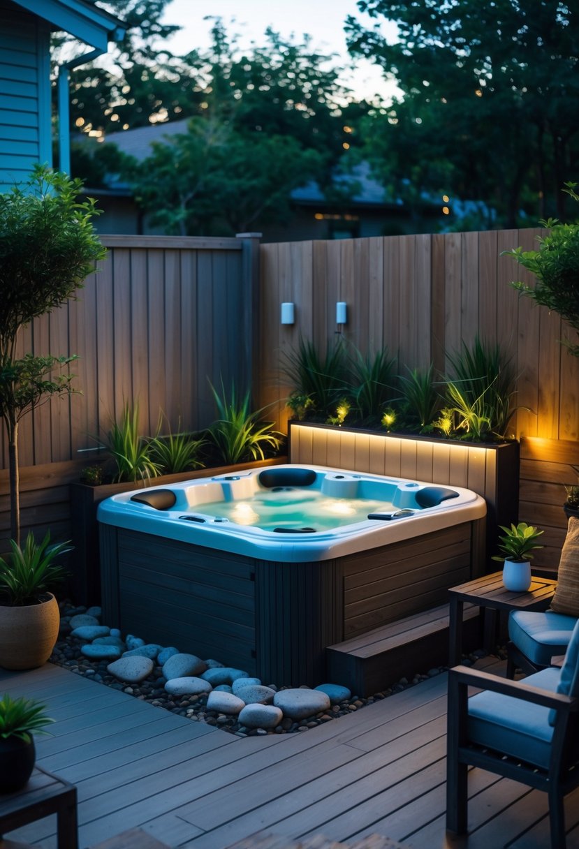 Small backyard with a compact outdoor jacuzzi surrounded by plants, wooden deck, and seating area.