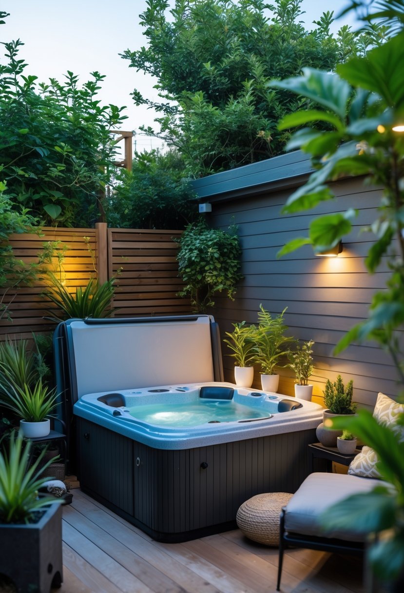 A small backyard with a compact outdoor jacuzzi surrounded by plants and wooden decking.