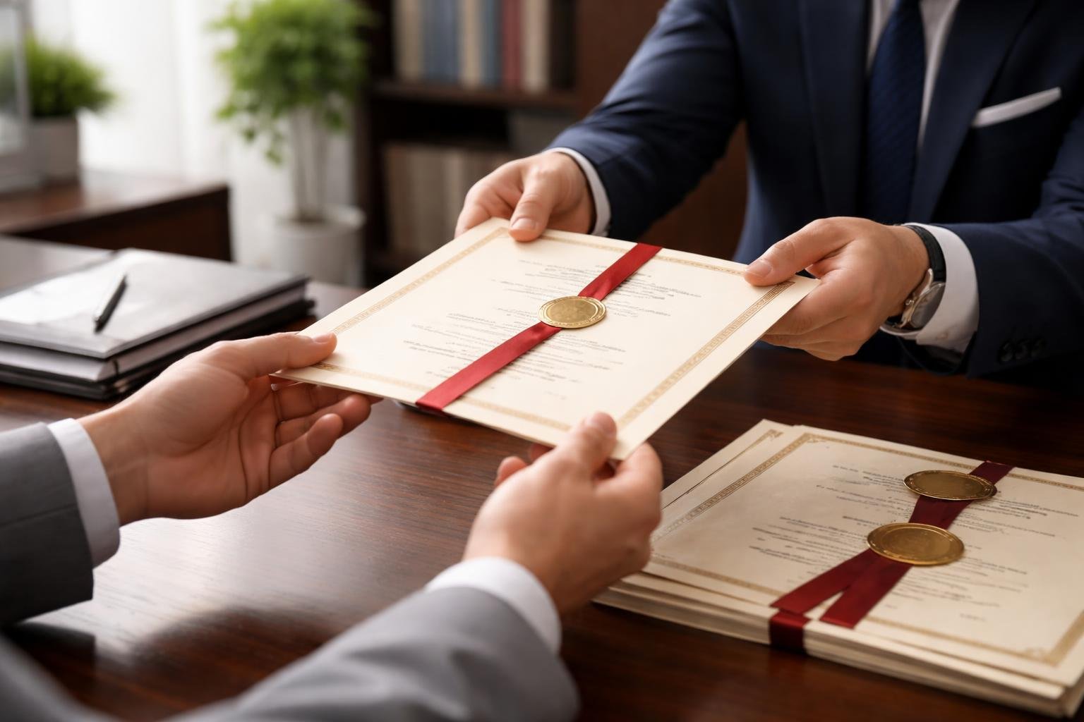 دست‌های دو نفر که در حال رد و بدل کردن مدارک دانشگاهی در یک دفتر کار هستند.