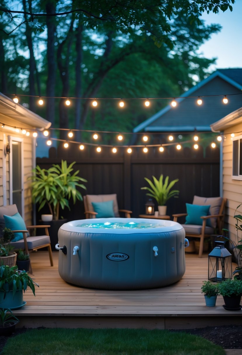 A small backyard with an inflatable outdoor jacuzzi surrounded by wooden decking, plants, and outdoor chairs under string lights.